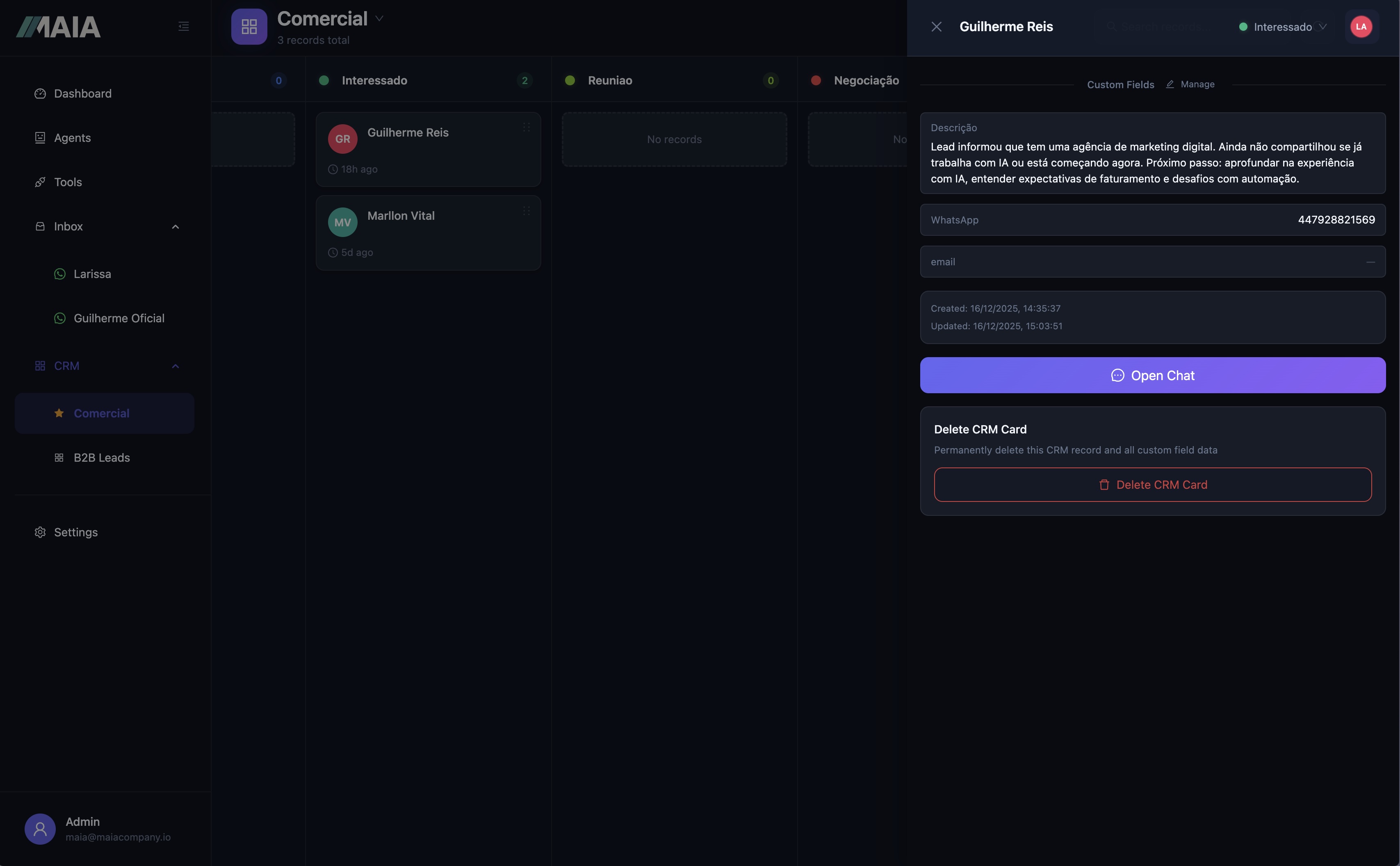 Interface do CRM MAIA